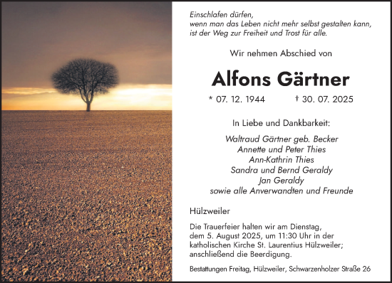 Traueranzeige von Alfons Gärtner von saarbruecker_zeitung