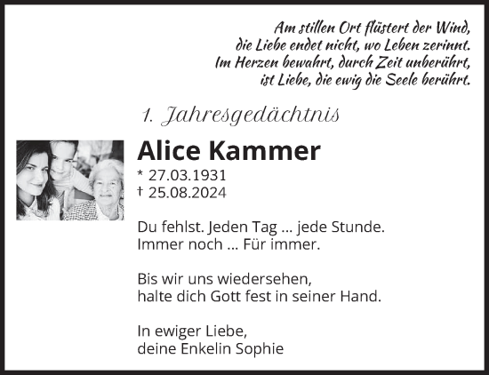 Traueranzeige von Alice Kammer von saarbruecker_zeitung