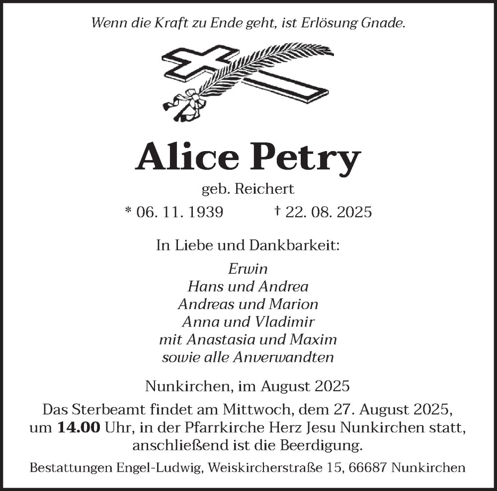  Traueranzeige für Alice Petry vom 25.08.2025 aus saarbruecker_zeitung
