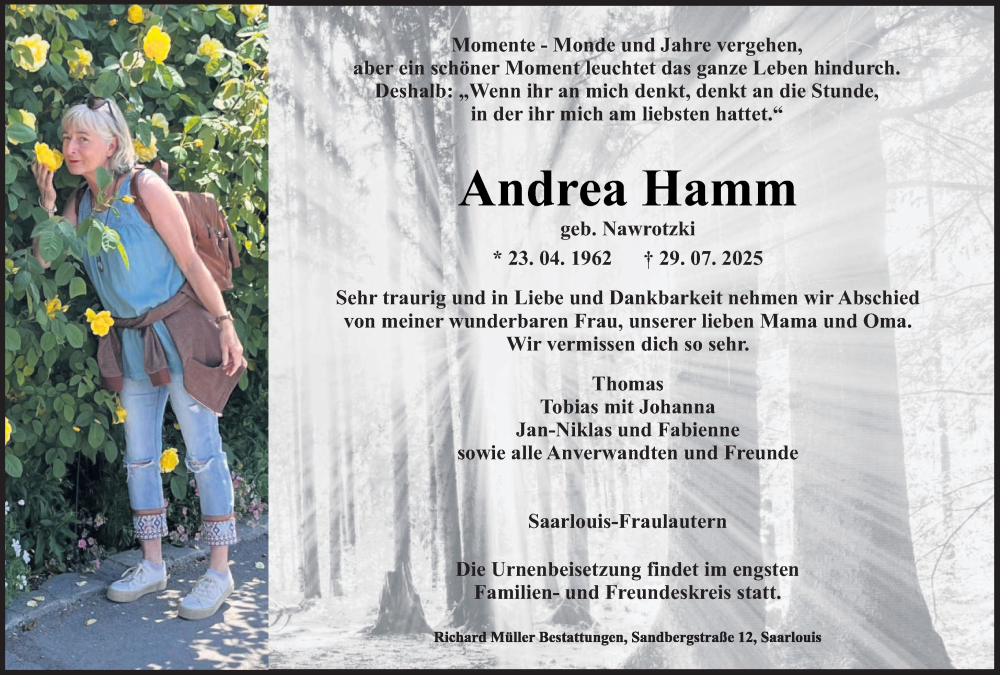  Traueranzeige für Andrea Hamm vom 16.08.2025 aus saarbruecker_zeitung