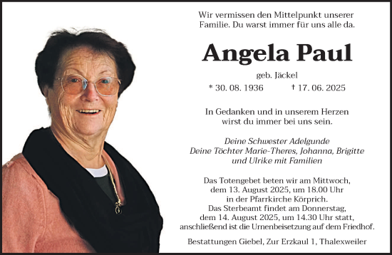 Traueranzeige von Angela Paul von saarbruecker_zeitung