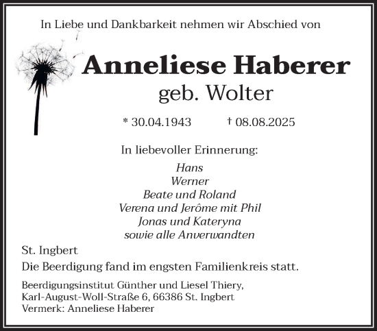 Traueranzeige von Anneliese Haberer von saarbruecker_zeitung