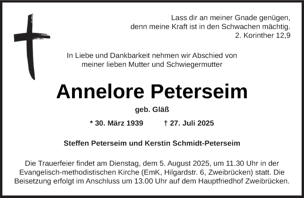  Traueranzeige für Annelore Peterseim vom 02.08.2025 aus saarbruecker_zeitung