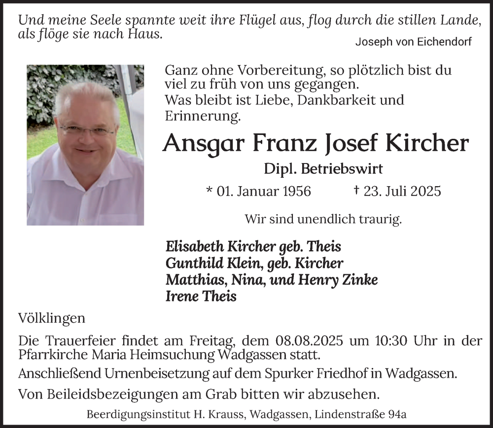  Traueranzeige für Ansgar Franz Josef Kircher vom 02.08.2025 aus saarbruecker_zeitung