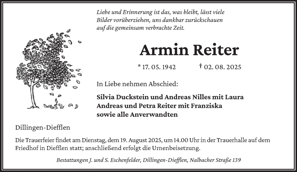  Traueranzeige für Armin Reiter vom 09.08.2025 aus saarbruecker_zeitung