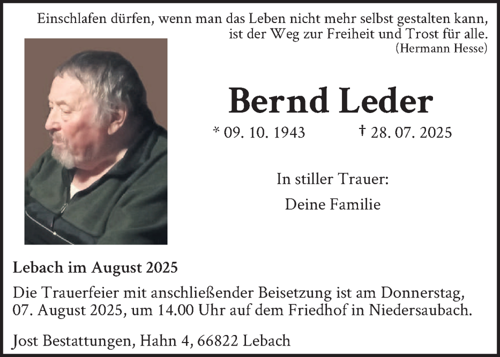  Traueranzeige für Bernd Leder vom 02.08.2025 aus saarbruecker_zeitung