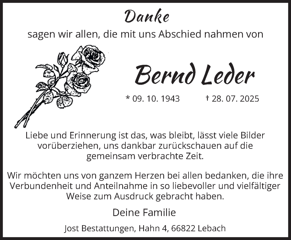  Traueranzeige für Bernd Leder vom 16.08.2025 aus saarbruecker_zeitung