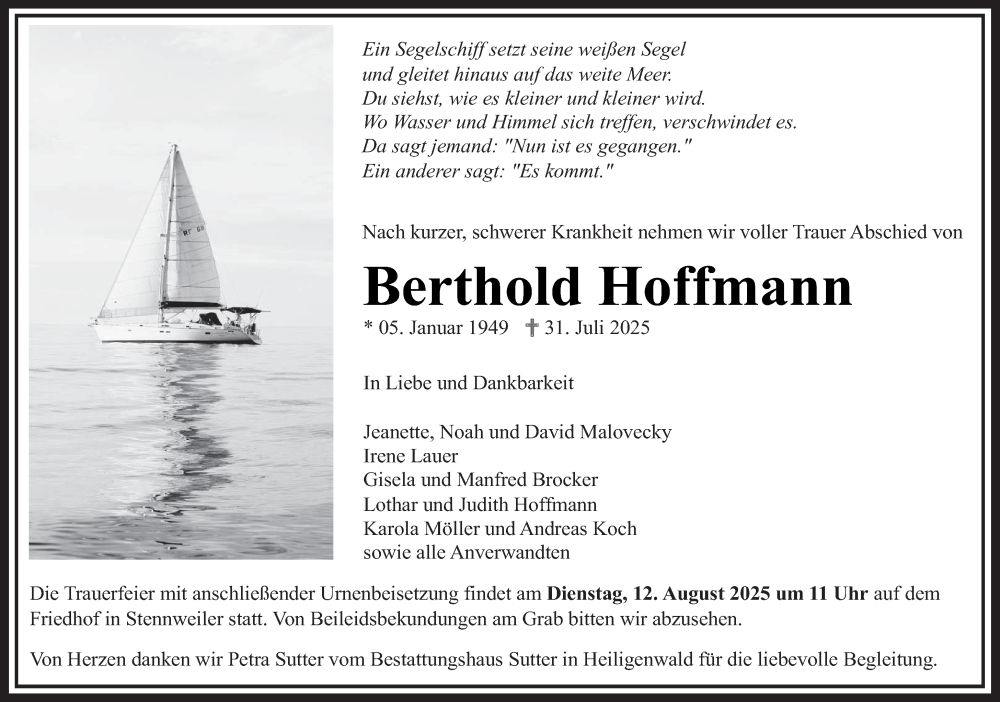  Traueranzeige für Berthold Hoffmann vom 09.08.2025 aus saarbruecker_zeitung