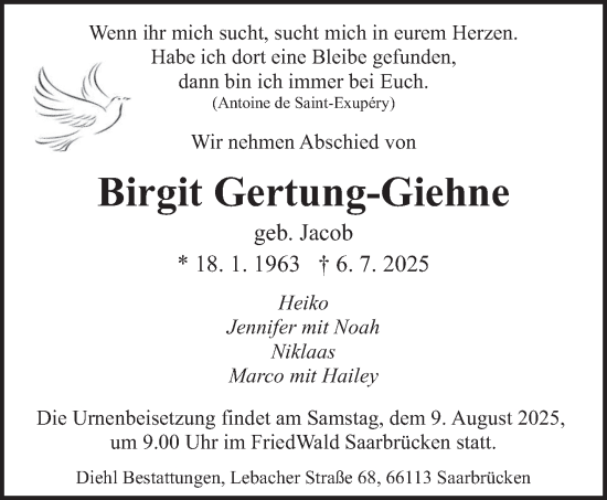 Traueranzeige von Birgit Gertung-Giehne von saarbruecker_zeitung