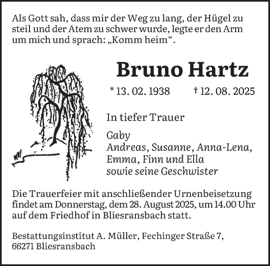 Traueranzeige von Bruno Hartz von saarbruecker_zeitung