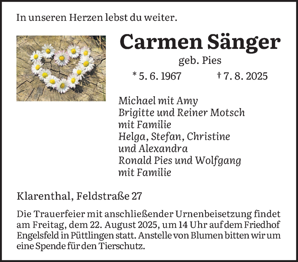  Traueranzeige für Carmen Sänger vom 16.08.2025 aus saarbruecker_zeitung