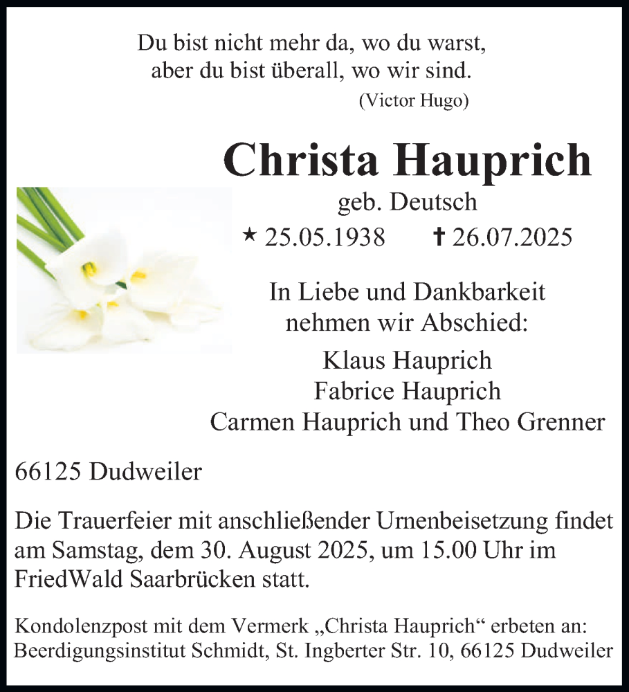  Traueranzeige für Christa Hauprich vom 16.08.2025 aus saarbruecker_zeitung
