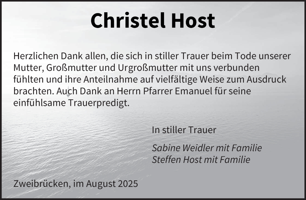  Traueranzeige für Christel Host vom 16.08.2025 aus saarbruecker_zeitung