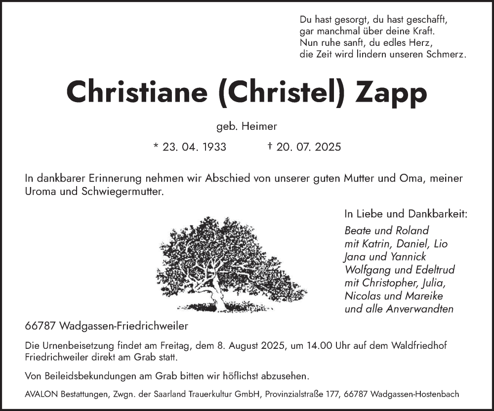  Traueranzeige für Christiane Zapp vom 02.08.2025 aus saarbruecker_zeitung