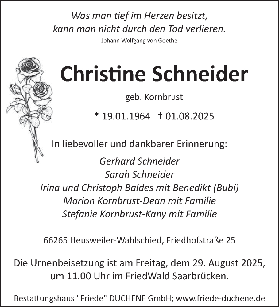  Traueranzeige für Christine Schneider vom 16.08.2025 aus saarbruecker_zeitung