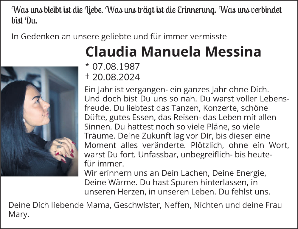  Traueranzeige für Claudia Manuela Messina vom 20.08.2025 aus saarbruecker_zeitung