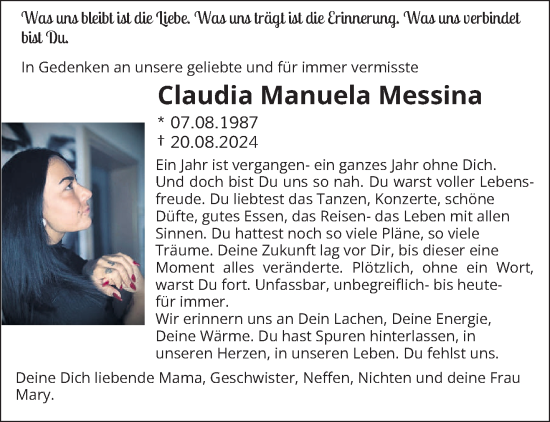 Traueranzeige von Claudia Manuela Messina von saarbruecker_zeitung