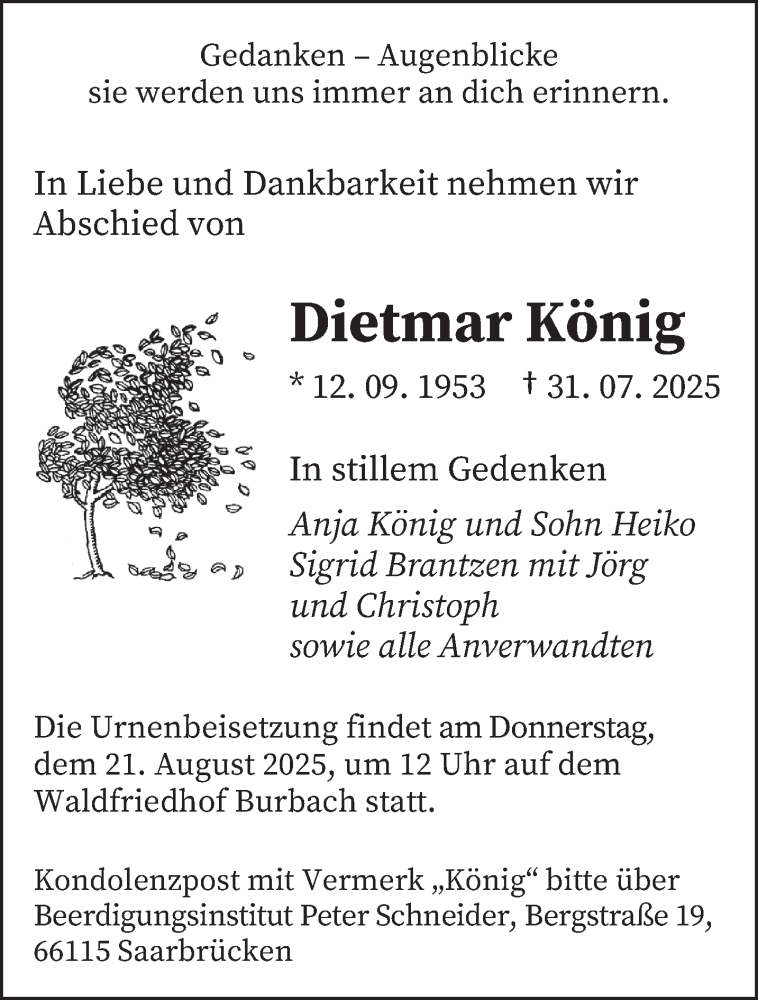  Traueranzeige für Dietmar König vom 16.08.2025 aus saarbruecker_zeitung