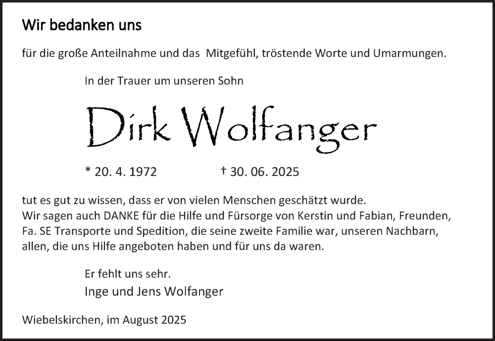  Traueranzeige für Dirk Wolfanger vom 16.08.2025 aus saarbruecker_zeitung