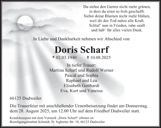 Traueranzeige von Doris Scharf von saarbruecker_zeitung