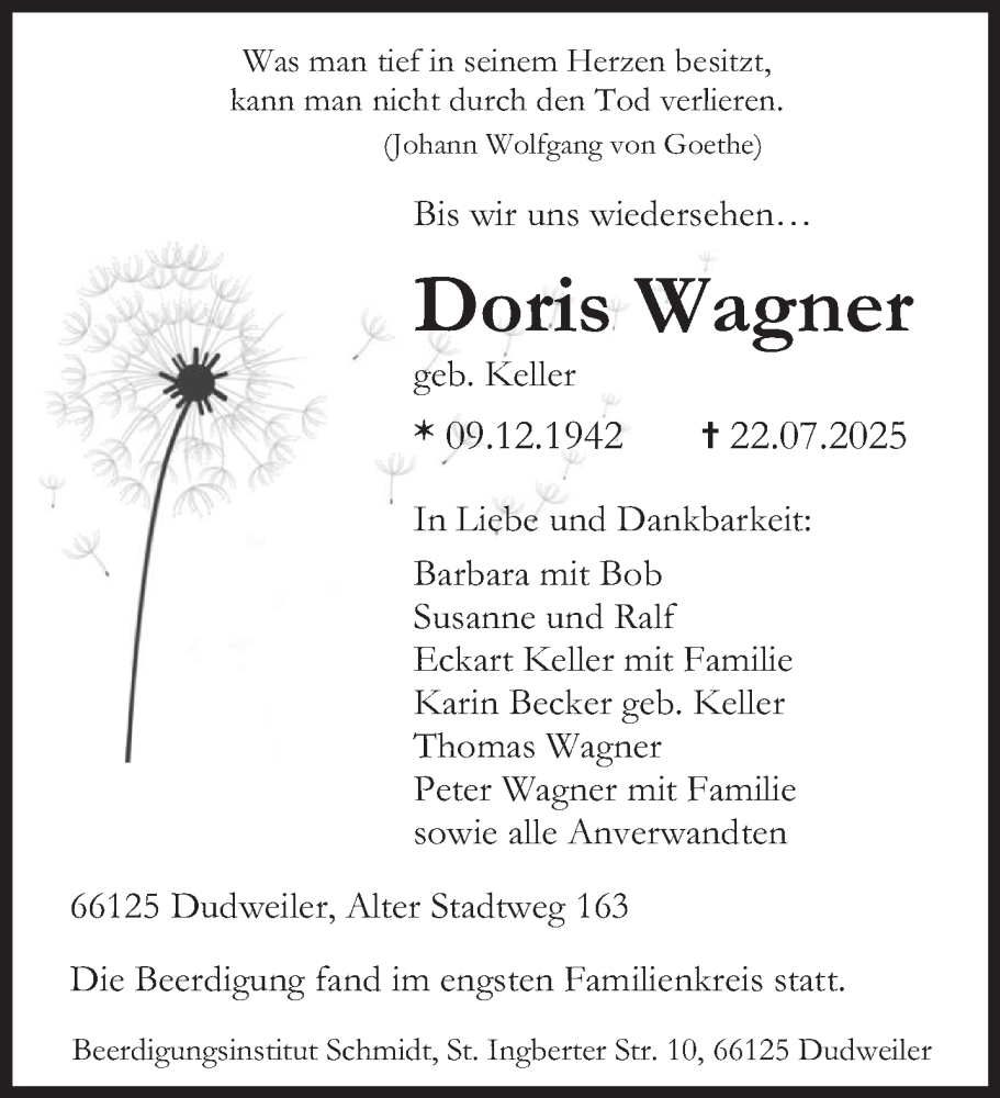  Traueranzeige für Doris Wagner vom 02.08.2025 aus saarbruecker_zeitung