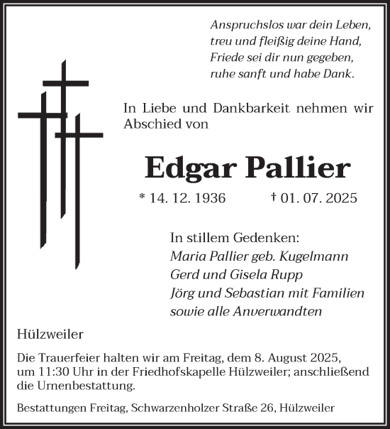 Traueranzeige von Edgar Pallier von saarbruecker_zeitung