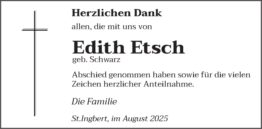  Traueranzeige für Edith Etsch vom 23.08.2025 aus saarbruecker_zeitung