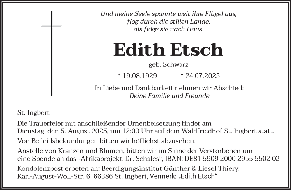  Traueranzeige für Edith Etsch vom 02.08.2025 aus saarbruecker_zeitung