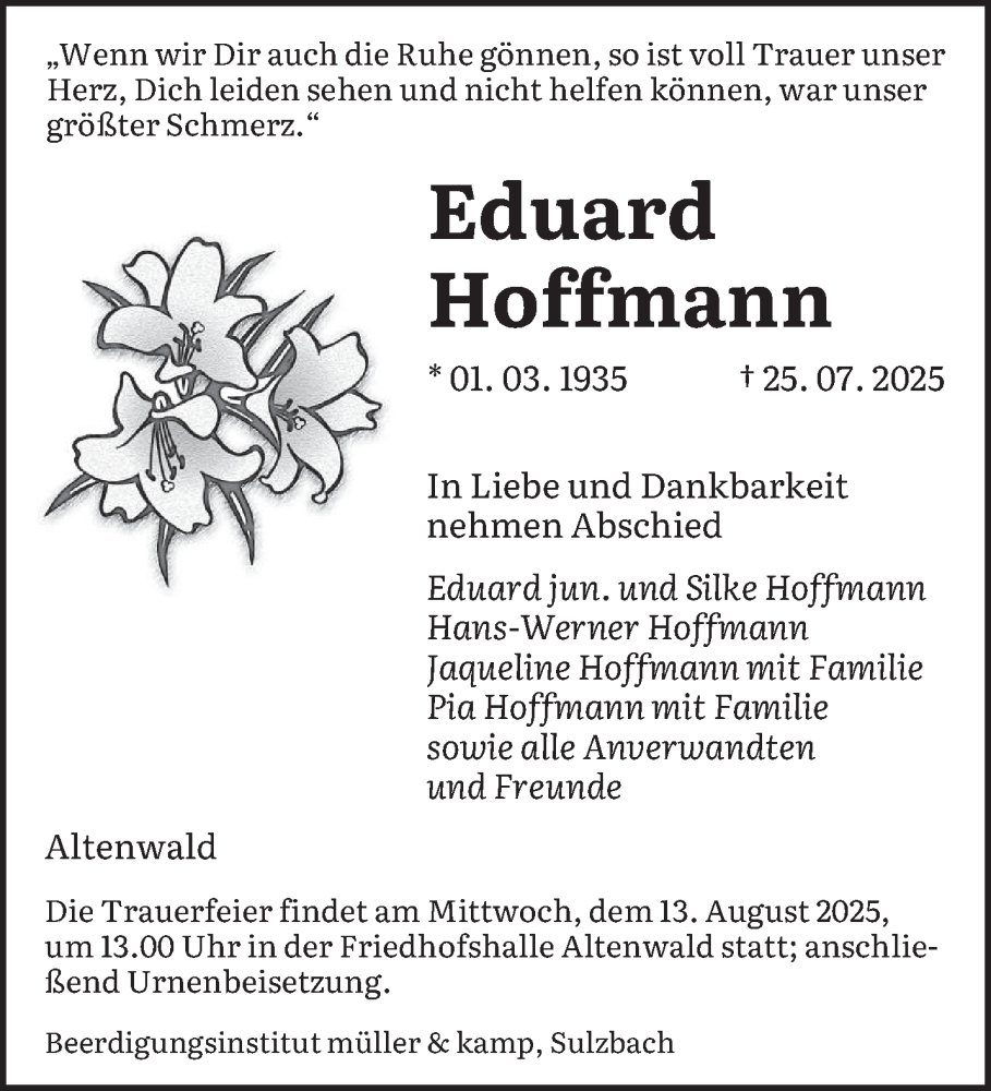  Traueranzeige für Eduard Hoffmann vom 09.08.2025 aus saarbruecker_zeitung