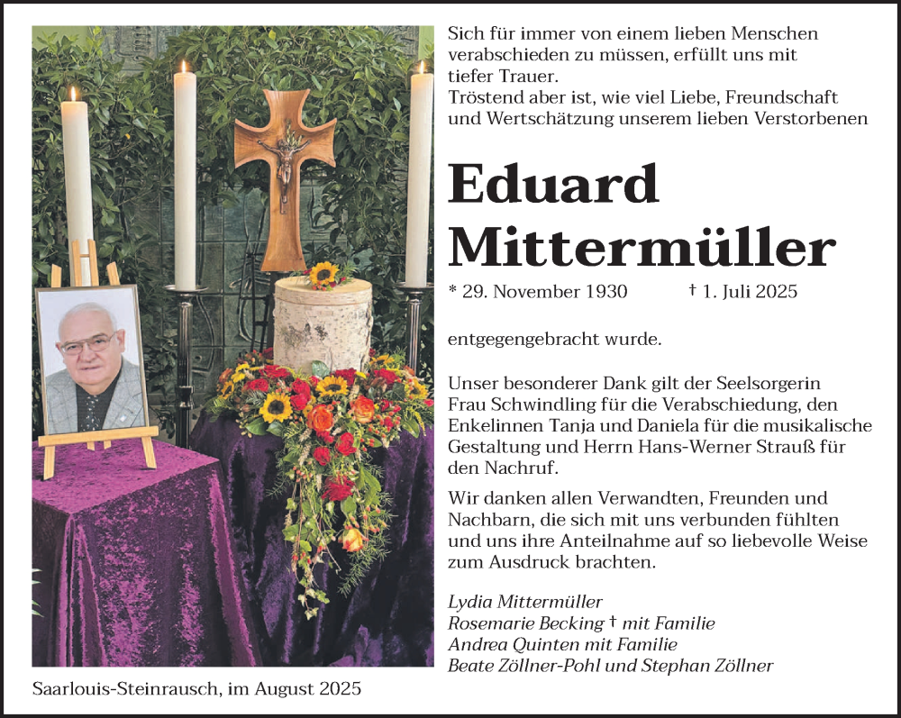  Traueranzeige für Eduard Mittermüller vom 16.08.2025 aus saarbruecker_zeitung