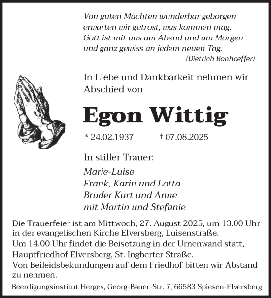 Traueranzeige von Egon Wittig von saarbruecker_zeitung