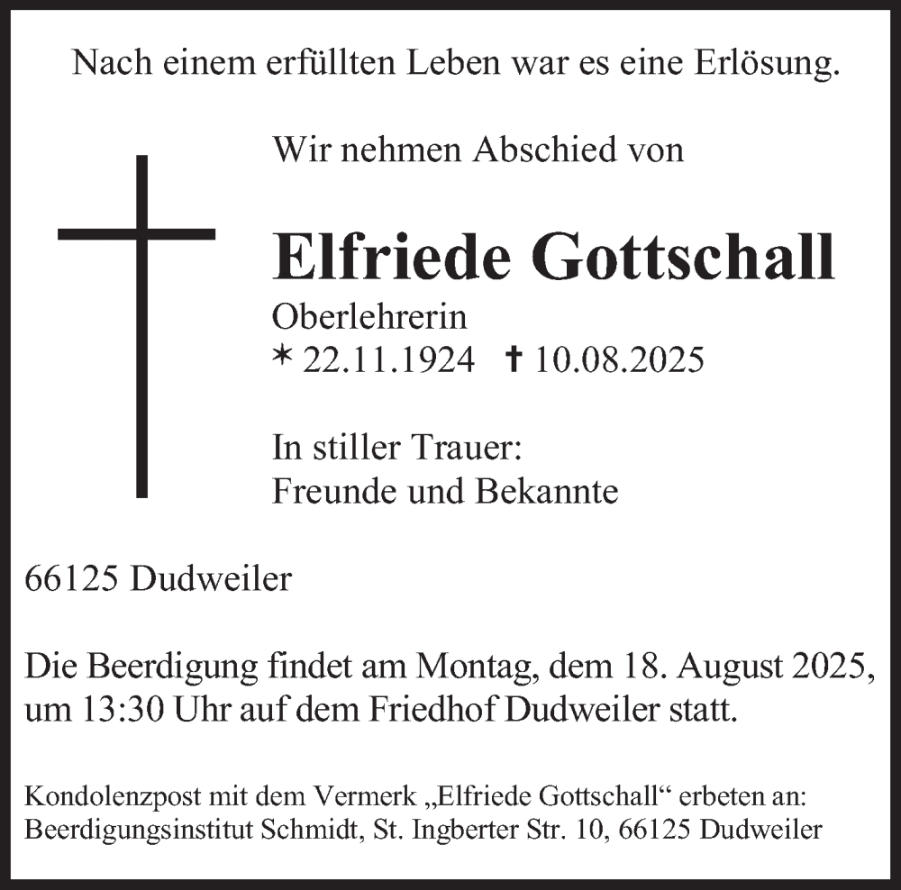  Traueranzeige für Elfriede Gottschall vom 16.08.2025 aus saarbruecker_zeitung