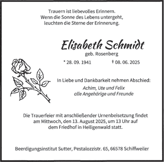 Traueranzeige von Elisabeth Schmidt von saarbruecker_zeitung