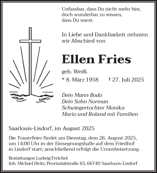 Traueranzeige von Ellen Fries von saarbruecker_zeitung