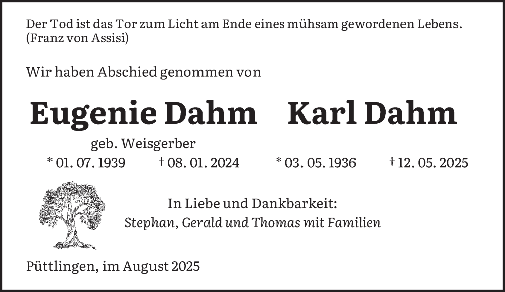  Traueranzeige für Eugenie und Karl Dahm vom 02.08.2025 aus saarbruecker_zeitung