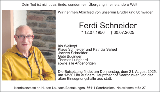 Traueranzeige von Ferdi Schneider von saarbruecker_zeitung