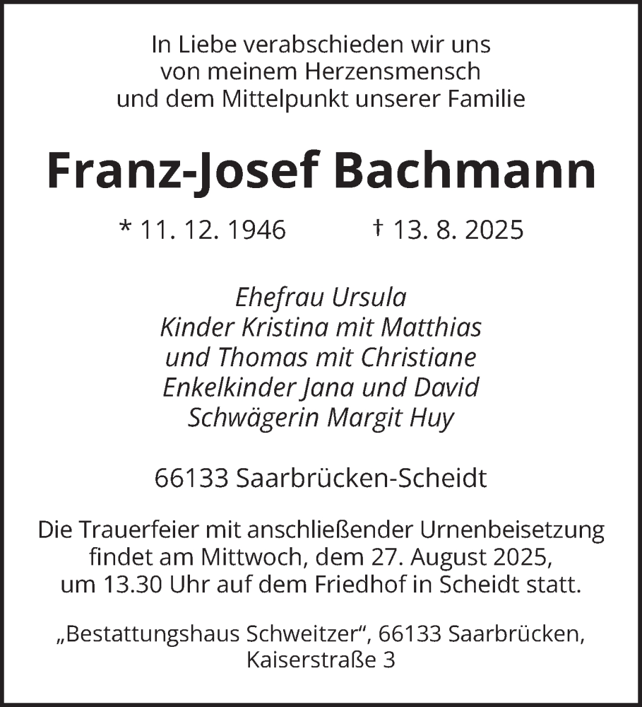 Traueranzeige für Franz-Josef Bachmann vom 23.08.2025 aus saarbruecker_zeitung