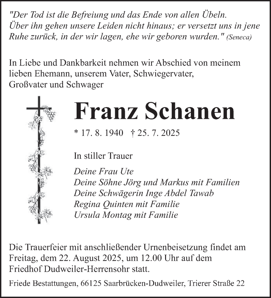  Traueranzeige für Franz Schanen vom 16.08.2025 aus saarbruecker_zeitung