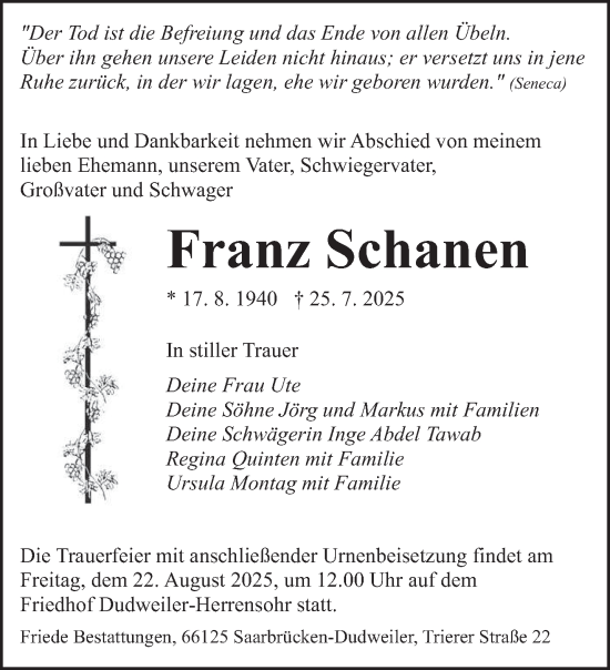 Traueranzeige von Franz Schanen von saarbruecker_zeitung