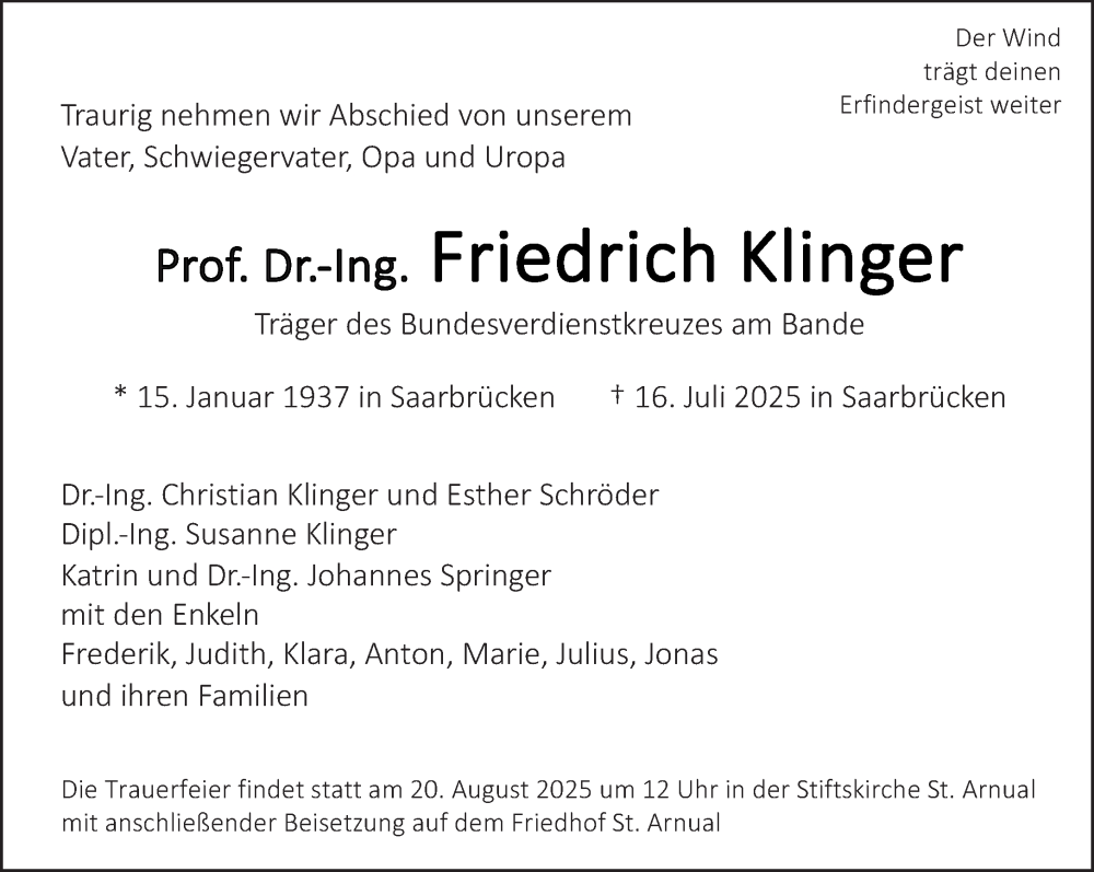  Traueranzeige für Friedrich Klinger vom 02.08.2025 aus saarbruecker_zeitung