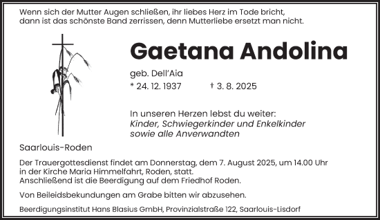 Traueranzeige von Gaetana Andolina von saarbruecker_zeitung
