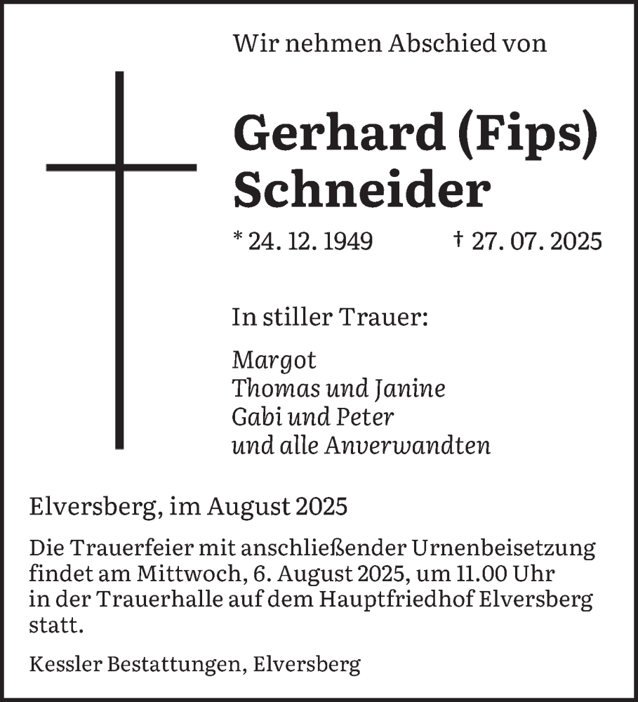  Traueranzeige für Gerhard Schneider vom 02.08.2025 aus saarbruecker_zeitung