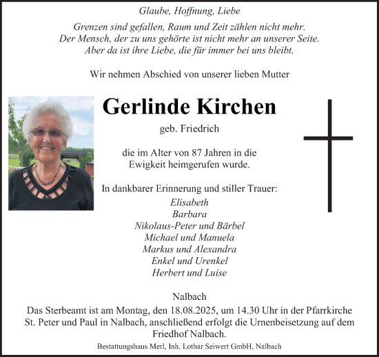 Traueranzeige von Gerlinde Kirchen von saarbruecker_zeitung