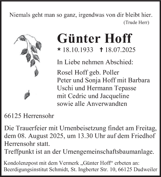 Traueranzeige von Günter Hoff von saarbruecker_zeitung