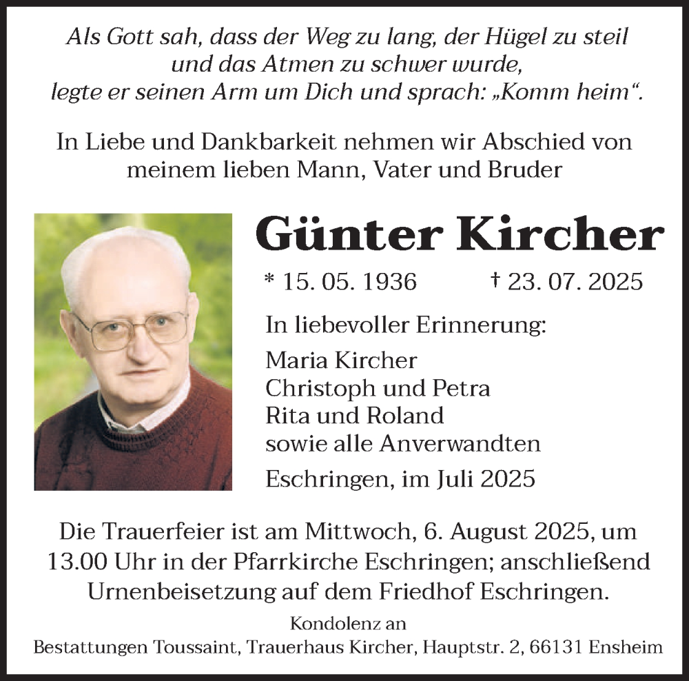  Traueranzeige für Günter Kircher vom 02.08.2025 aus saarbruecker_zeitung