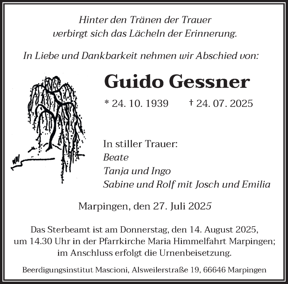  Traueranzeige für Guido Gessner vom 02.08.2025 aus saarbruecker_zeitung