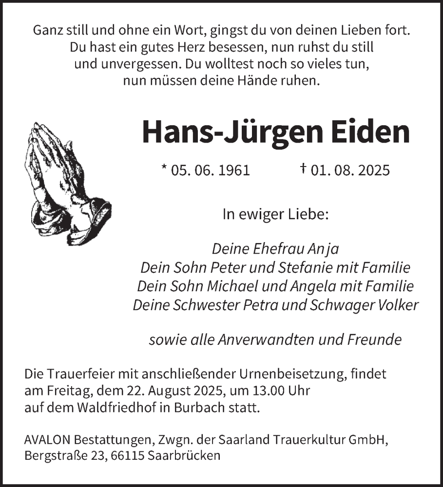  Traueranzeige für Hans-Jürgen Eiden vom 16.08.2025 aus saarbruecker_zeitung