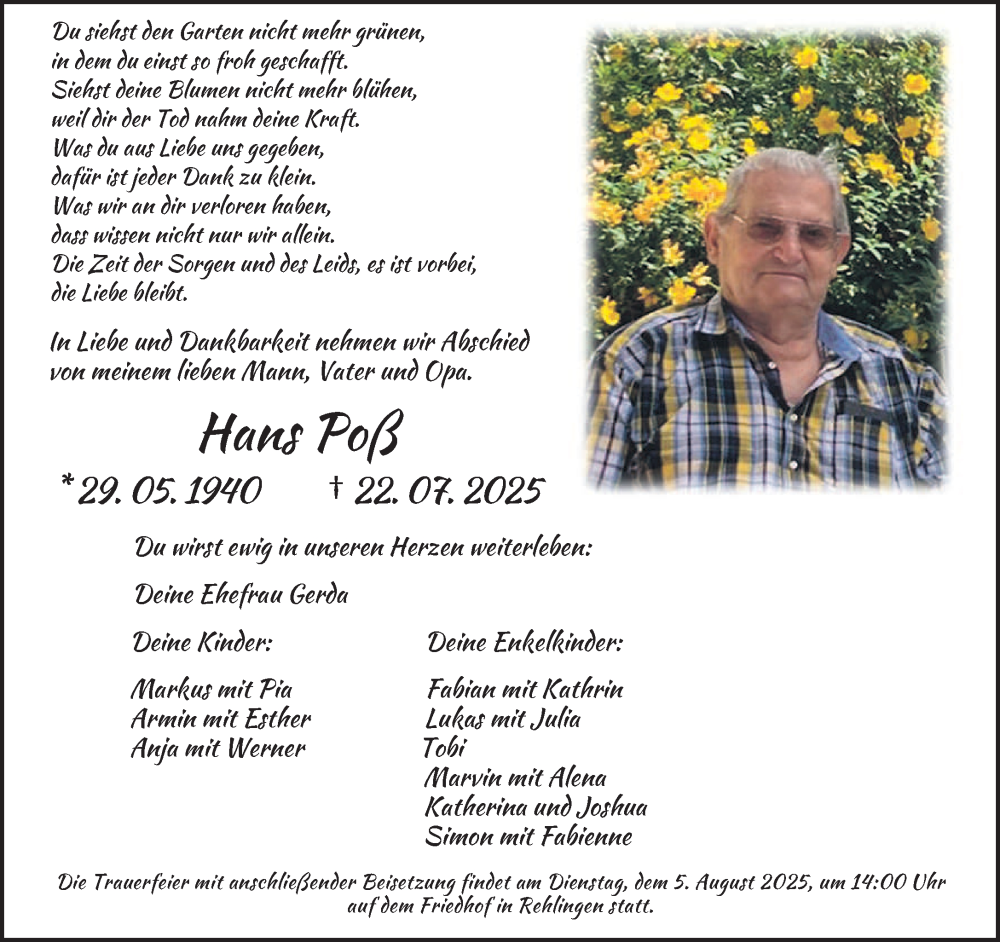  Traueranzeige für Hans Poß vom 02.08.2025 aus saarbruecker_zeitung