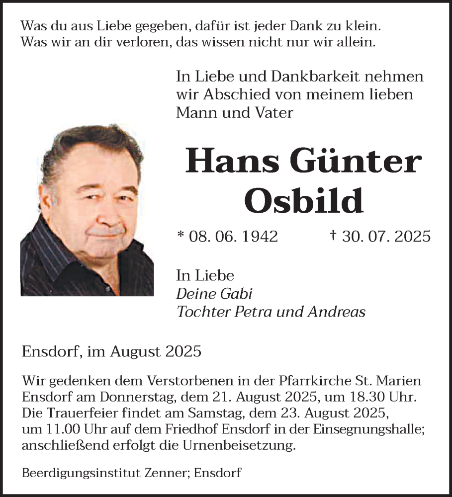 Traueranzeige für Hans Günter Osbild vom 16.08.2025 aus saarbruecker_zeitung