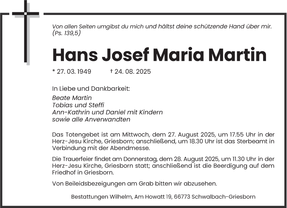  Traueranzeige für Hans Josef Maria Martin vom 27.08.2025 aus saarbruecker_zeitung